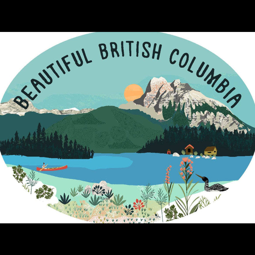 A bumper sticker with a illustration of a lake and mountains, and the text 'BEAUTIFUL BRITISH COLUMBIA'.