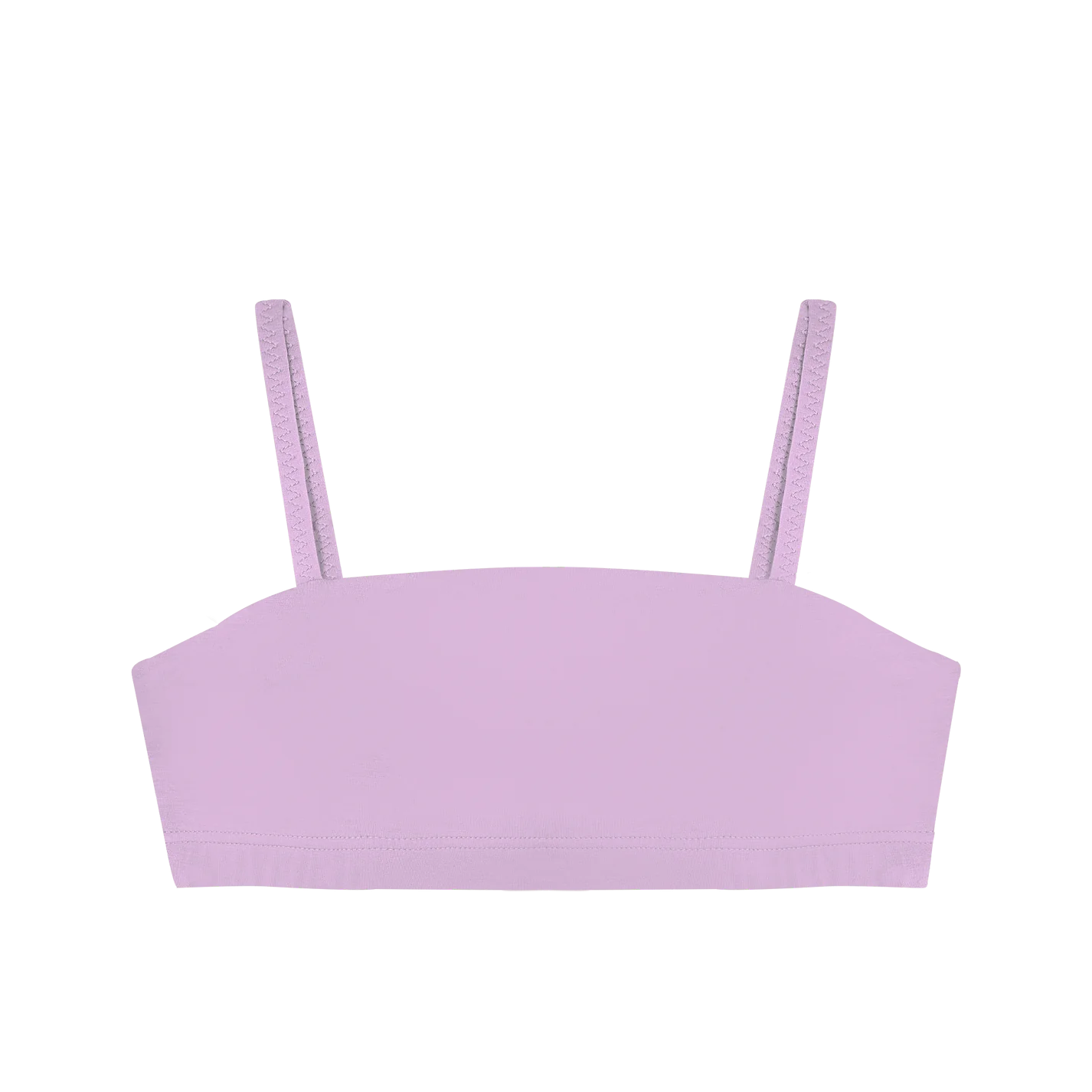 A lilac bralette with elastic straps and a Mineral protected liner.