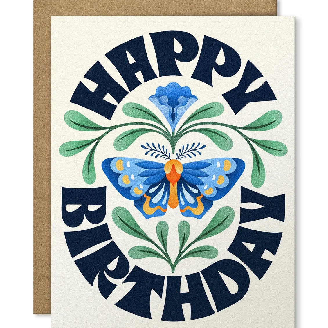 Birthday card with blue butterfly and floral design on a white background