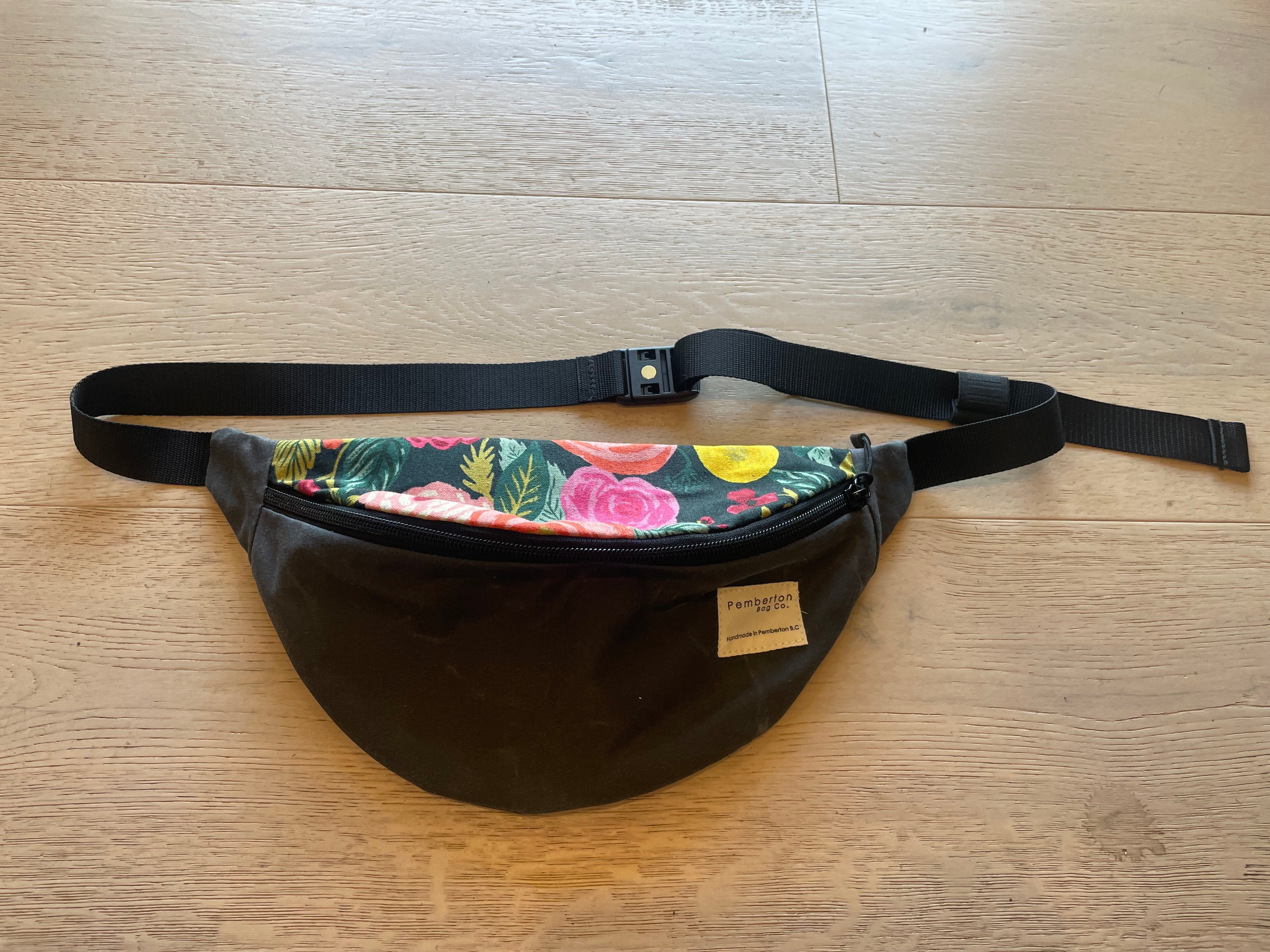 Dark Gray oilskin fanny pack with floral top.