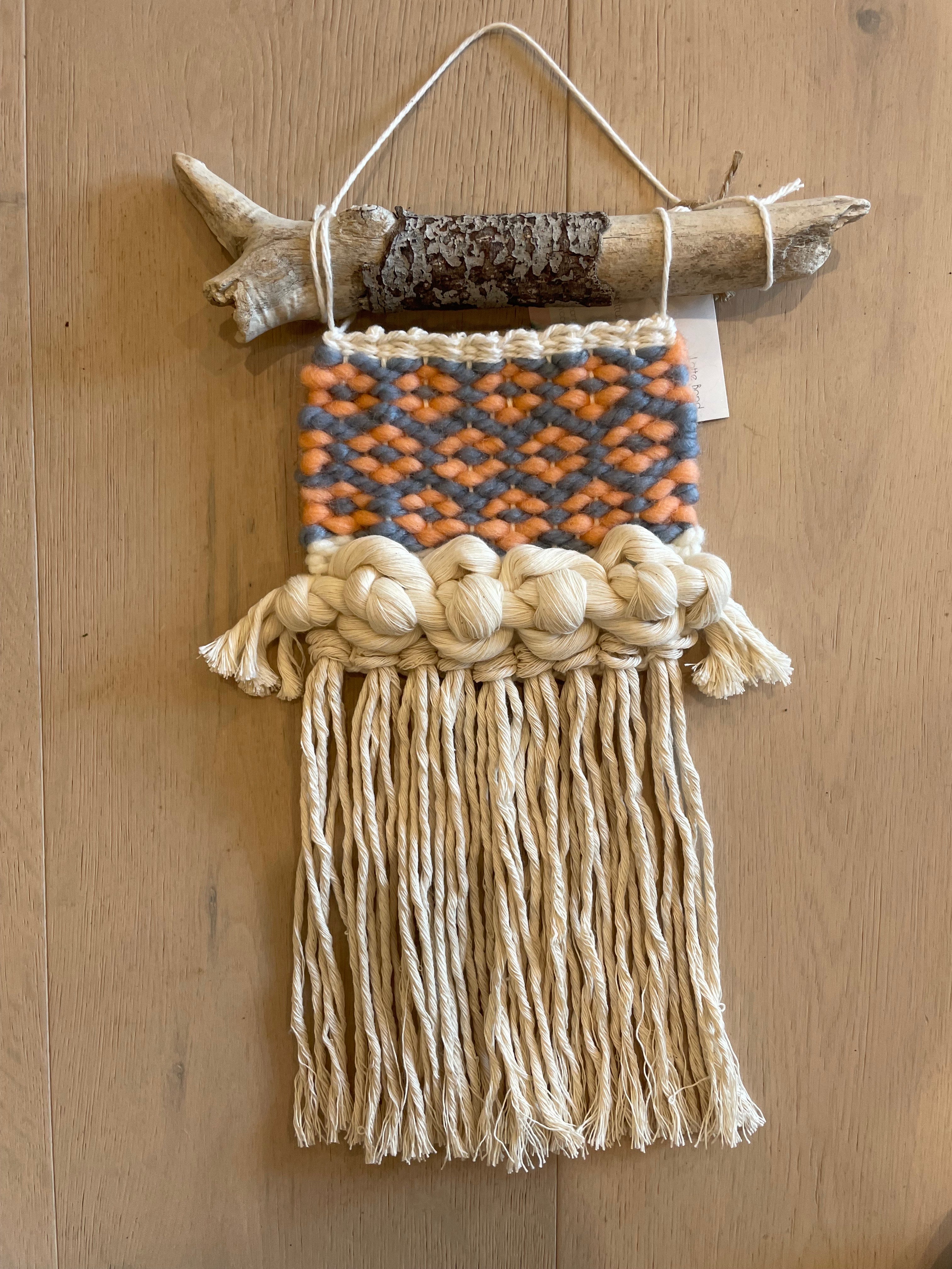 Blue & Orange Krokbragd Patterned Weave Wall Hanging w/ unique Driftwood