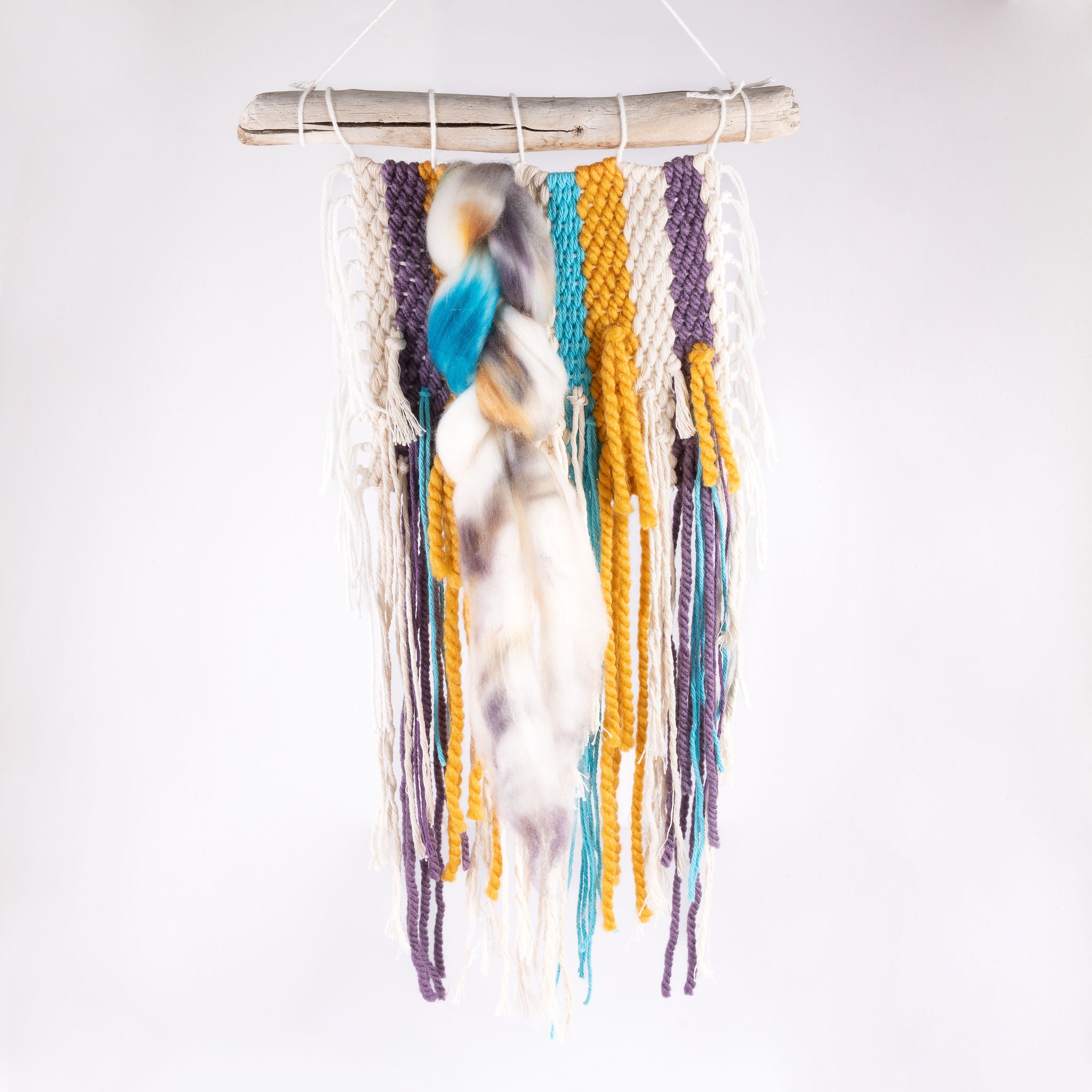 Blue, yellow, purple Sideways Weave Wall Hanging