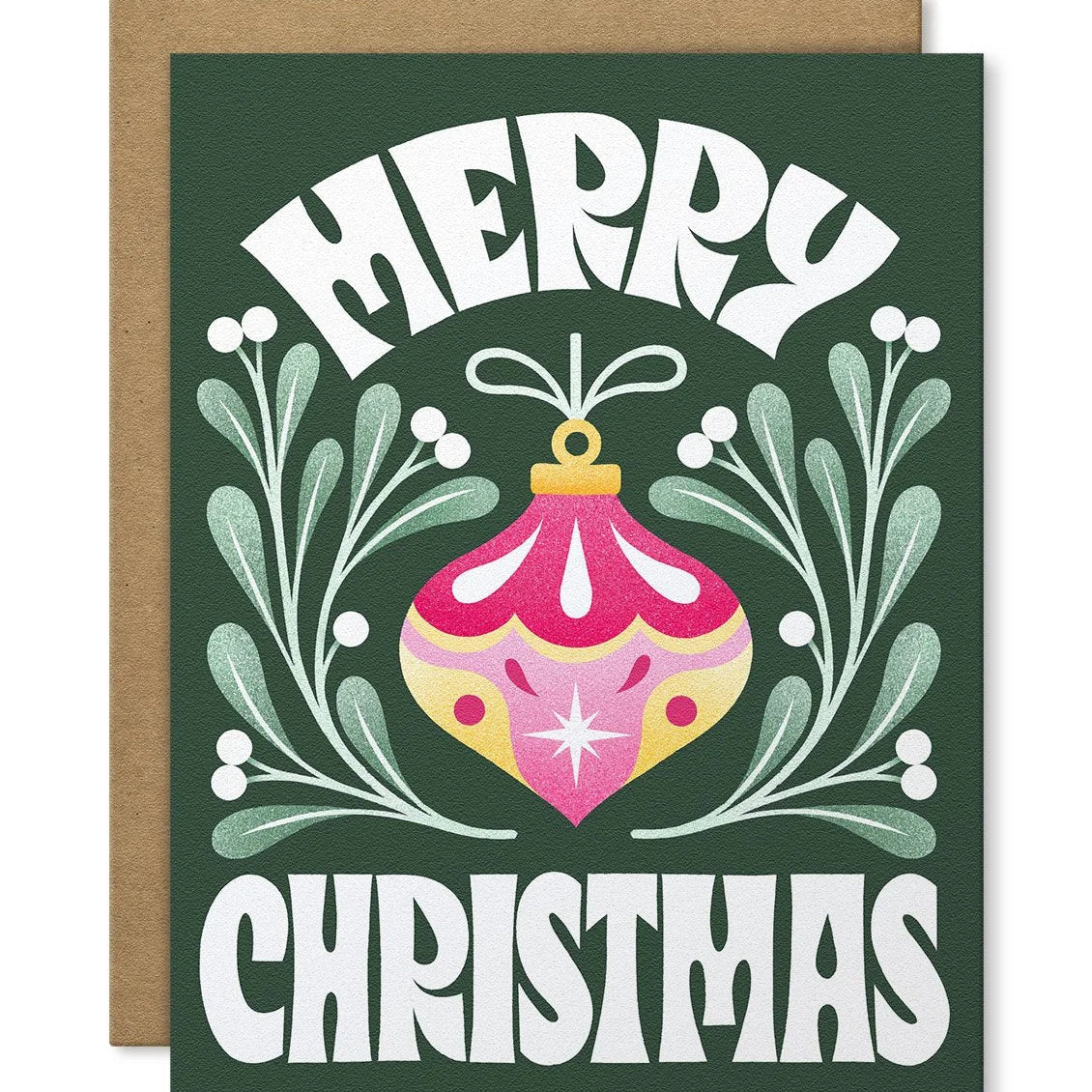 Christmas card with a pink ornament and wreath design on a green background