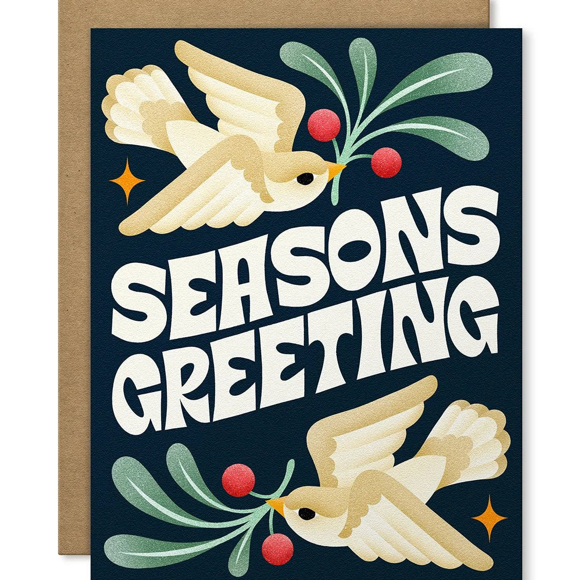 Greeting card with doves and mistletoe on a dark blue background