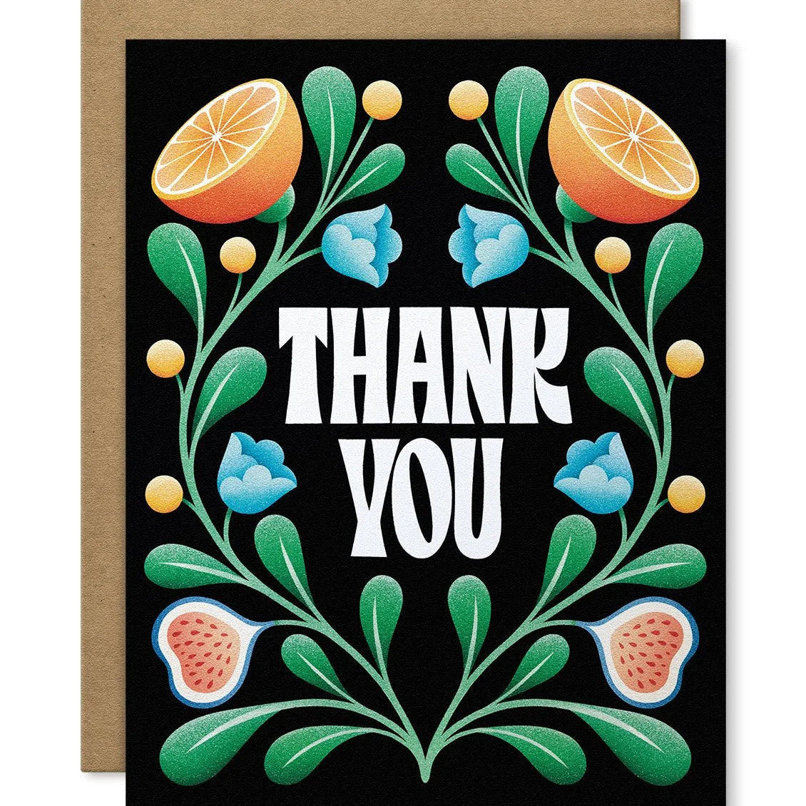 Greeting card with colorful fruit and floral design on a black background, featuring the text 'THANK YOU'.