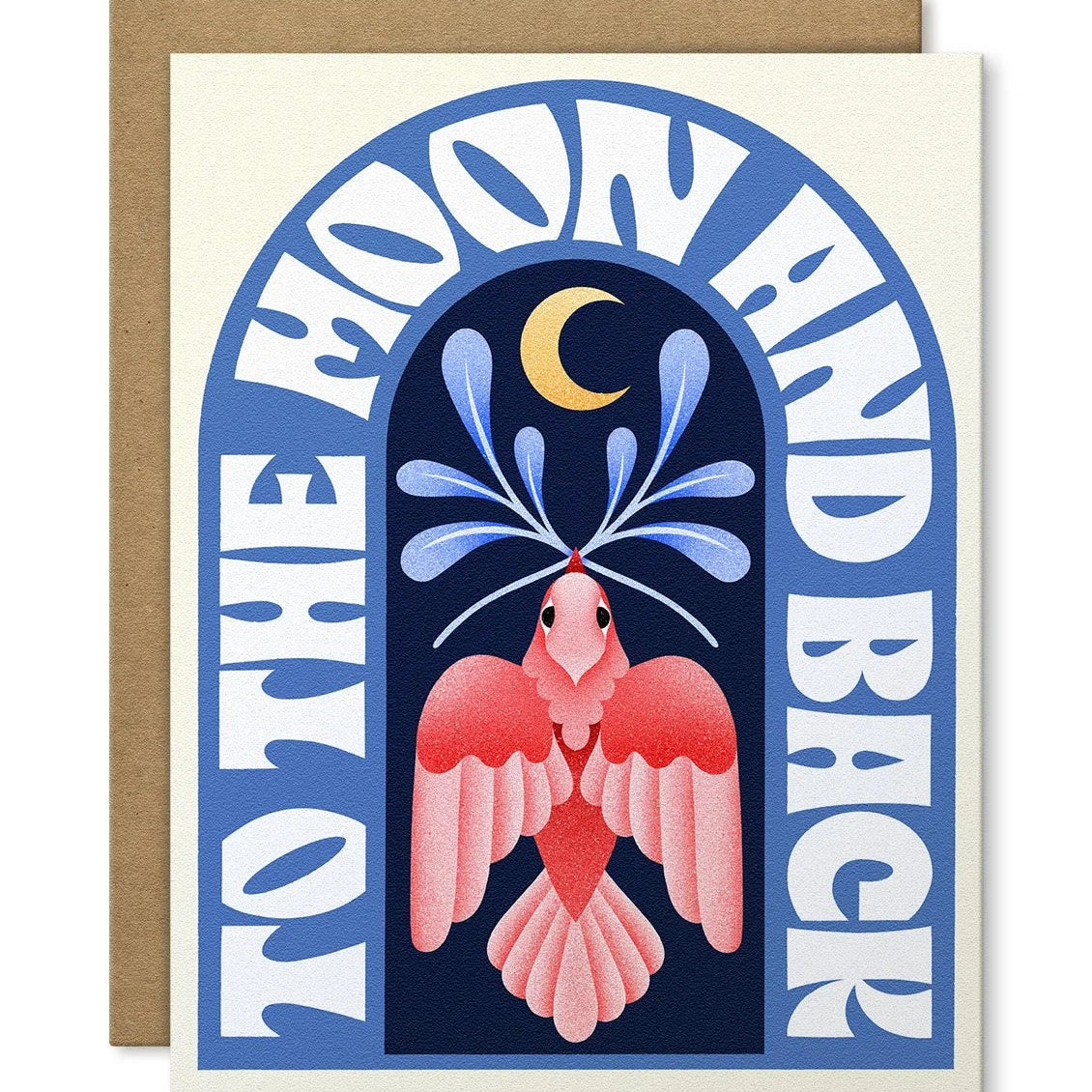 Greeting card with a red bird illustration and text 'To the moon and back' on a blue background.