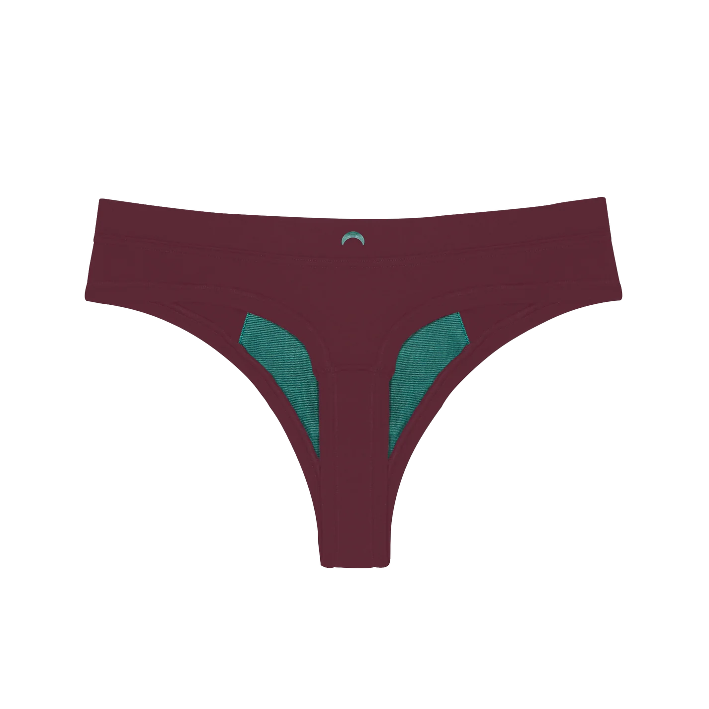 A maroon-colored thong underwear with a green visible front panel and a smooth cuffed waistband.