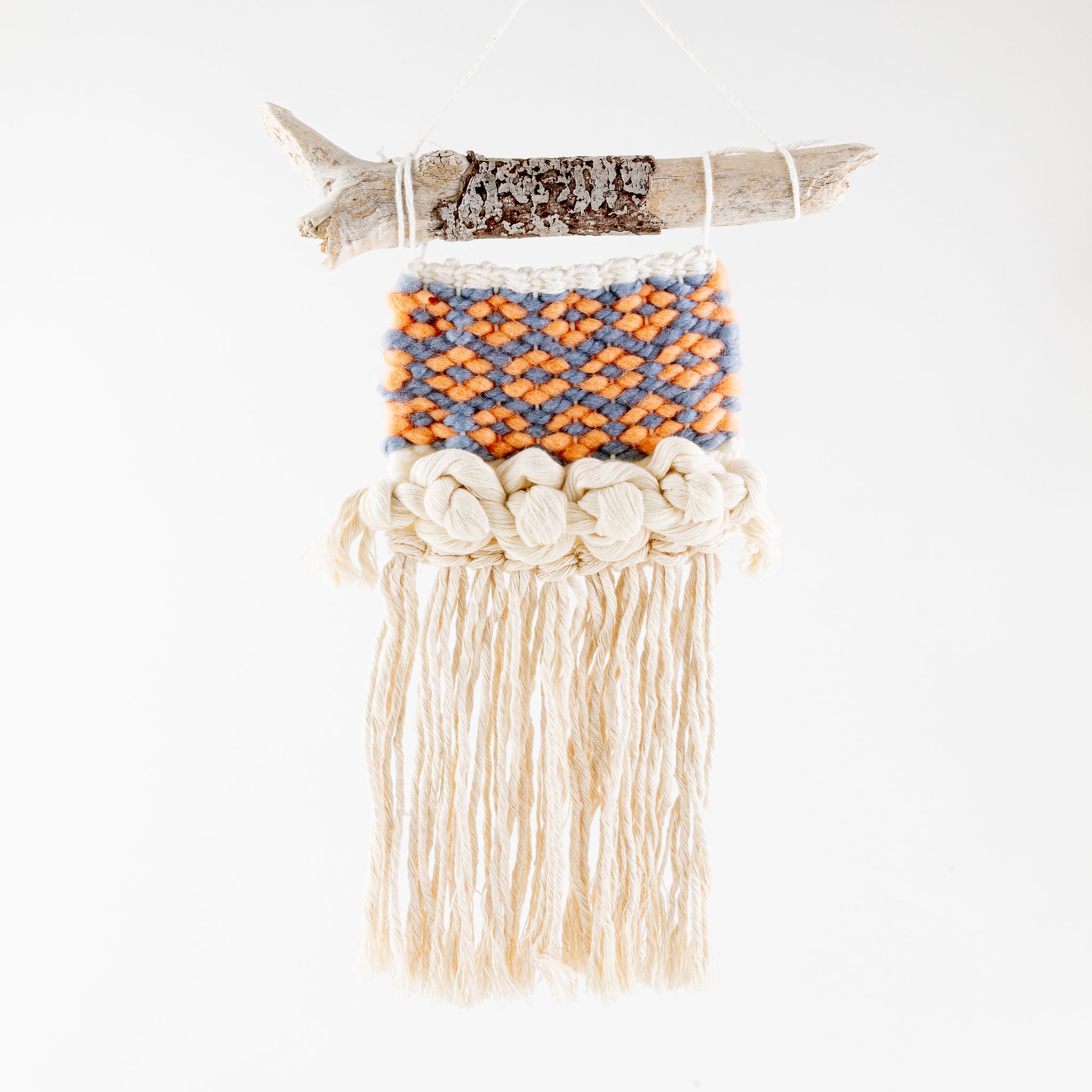 Blue & Orange Krokbragd Patterned Weave Wall Hanging w/ unique Driftwood