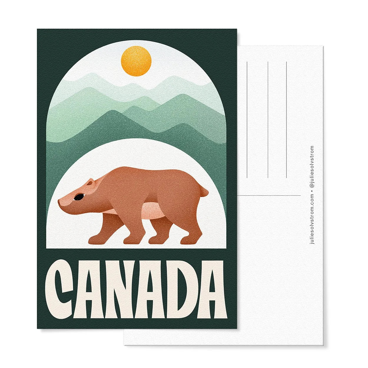 Canada postcard featuring bear, mountains and sun