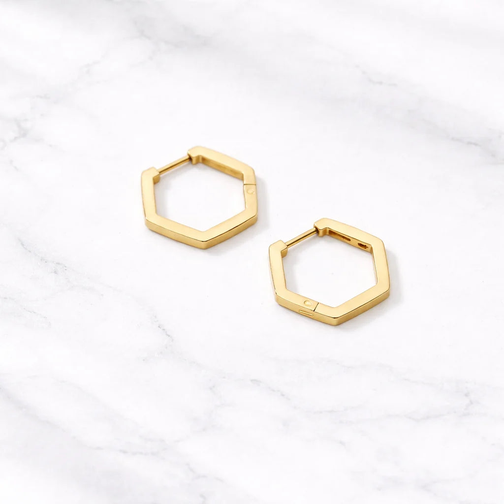 HEXX Hexagon Huggie Hoops – 18K Gold Dipped Stainless Steel