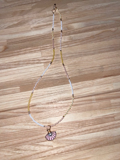 Beaded Necklace with clam shell pendant