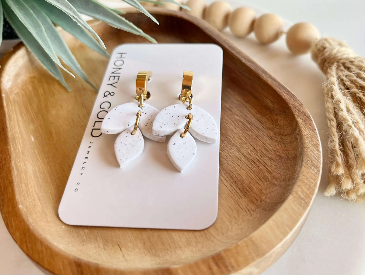 KIMBER: White Speckled Earrings With Gold Huggie Accents