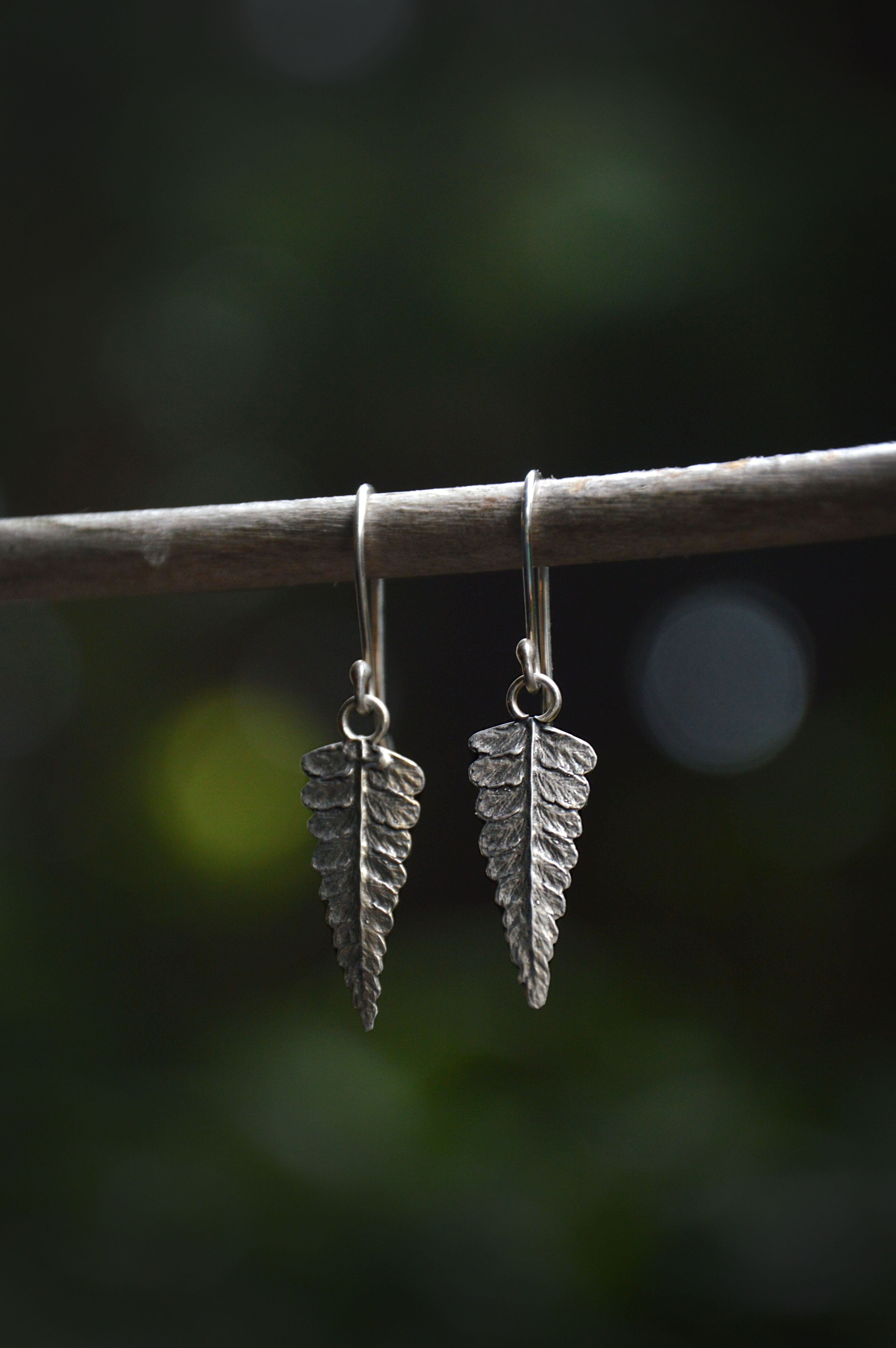 Silver fern-shaped earrings hanging on a branch with a blurred natural background